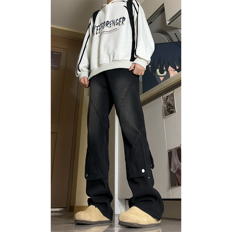 A417ANK1911P55秋季男士排扣设计宽松牛仔裤百搭拼接感裤子，男装休闲裤，电商A417A