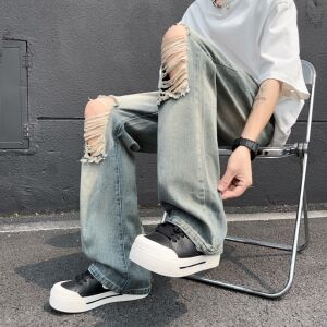 A417ANK379P55破洞牛仔裤男夏季薄款美式高街vibe裤子微喇裤,短袖白衬衫男穿搭图片