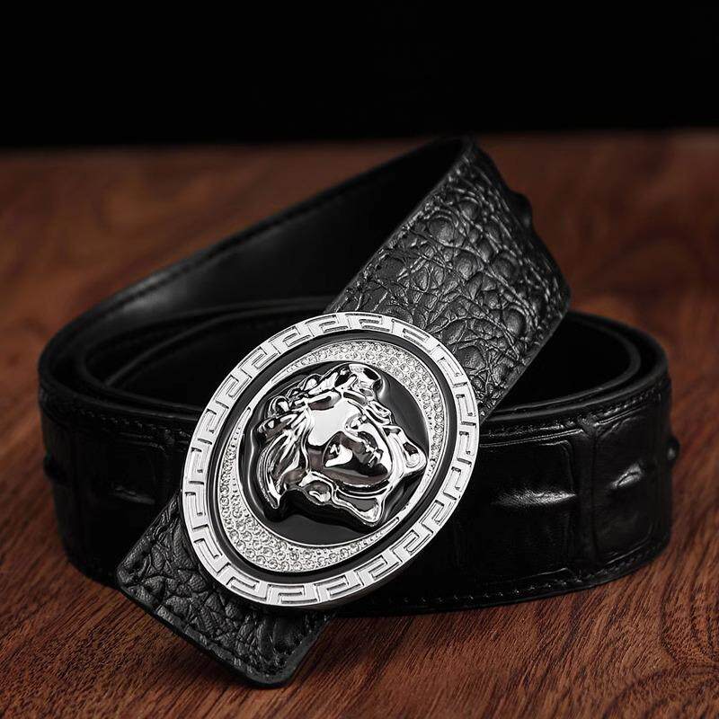 男士皮带新款美杜莎铜扣平滑扣腰带韩版潮男时尚牛皮休闲发型裤带