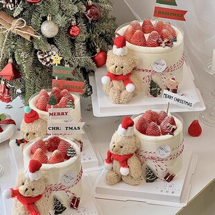 圣诞节毛绒小熊蛋糕装饰摆件可爱卡通圣诞帽围巾泰迪熊挂件插件