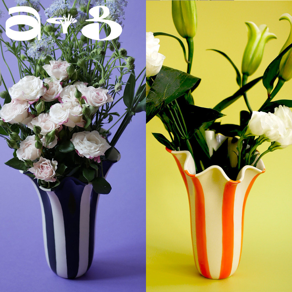 手工绘制郁金香条纹撞色陶瓷花瓶