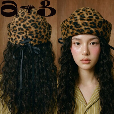 秋冬复古豹纹毛绒瓜皮帽显脸小