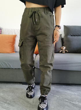 女束脚休闲裤小脚松紧腰军绿色工装裤弹力显瘦长裤宽松大码哈伦裤