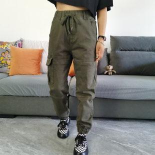 小脚松紧腰军绿色工装 哈伦裤 裤 宽松大码 弹力显瘦长裤 女束脚休闲裤