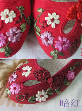 正品小花园福牌绣花鞋-牛筋底坡跟女布鞋单鞋大红色新娘鞋A605-1