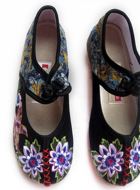 新款民族风典雅时尚老北京足下有福牛筋底防滑绣花鞋黑色D755