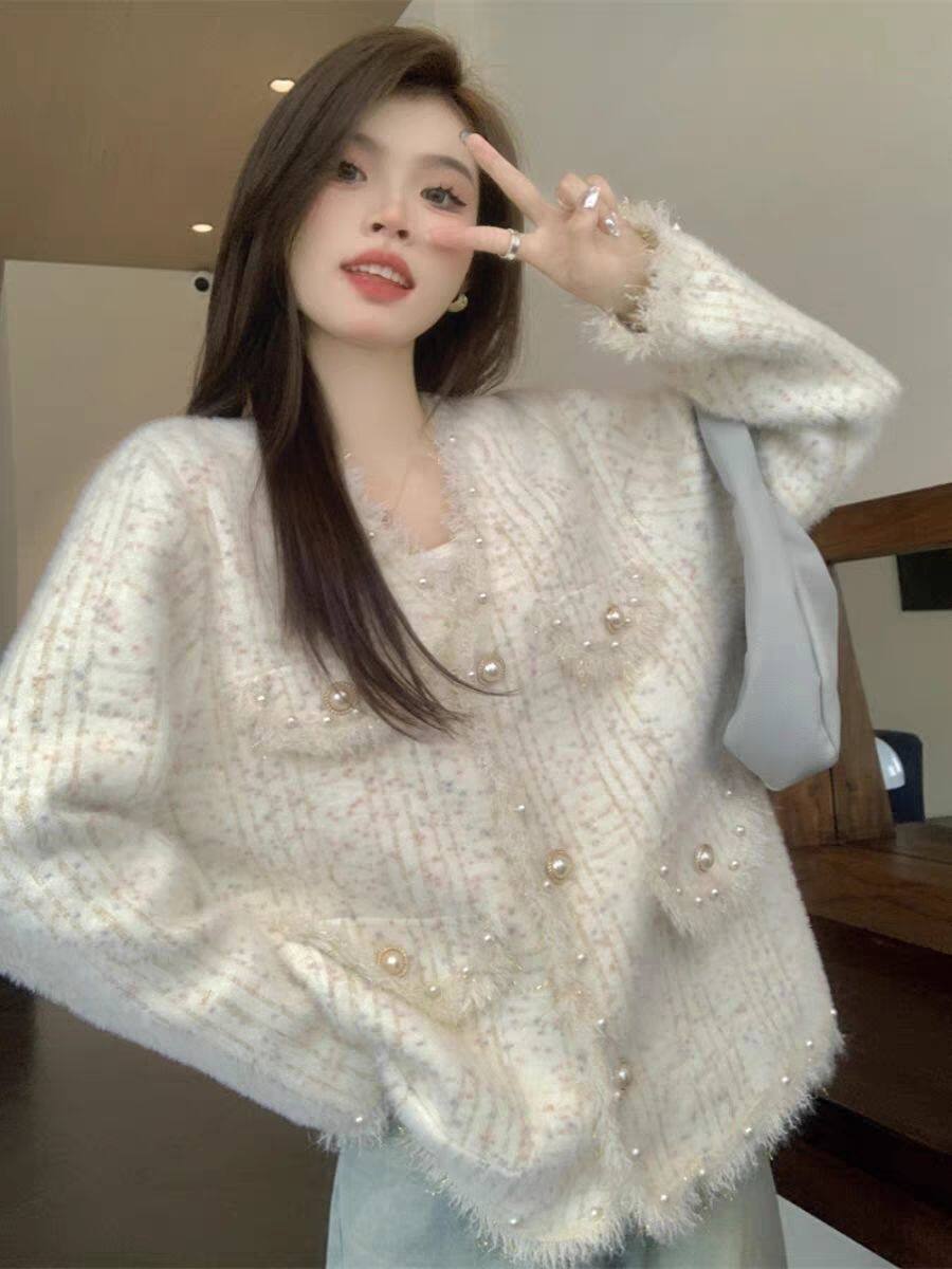 仿貂绒单排扣V领开衫新款小香风