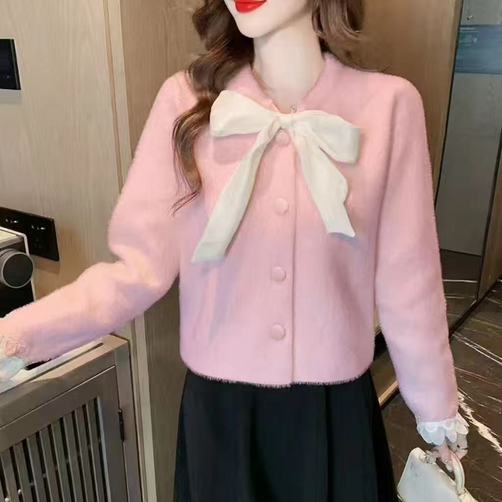 甜美软糯毛衣冬2024秋冬季仿貂绒新款蝴蝶结圆领长袖针织衫开衫女