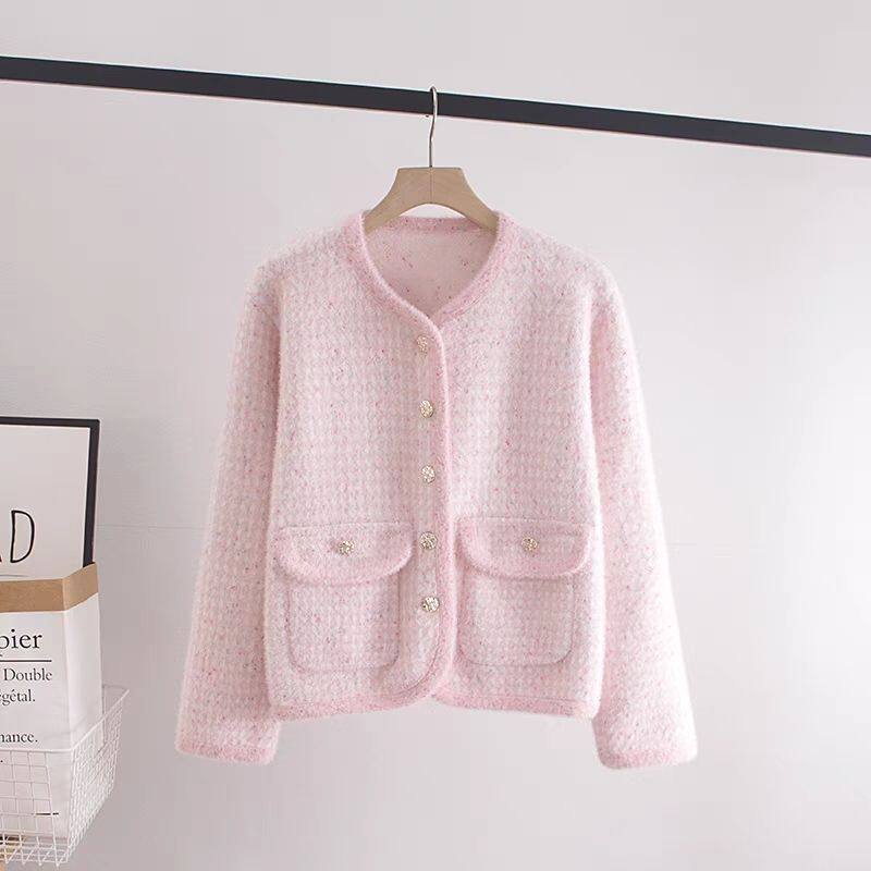 小香风短外套女高级感仿貂绒针织开衫春秋季新款法式别致显瘦上衣,女装/女士精品,毛针织衫,淘宝优惠券,粉丝福利购,淘宝优惠卷