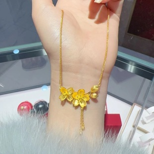 云上轩沙金黄金色里外一色双生花项链女款流苏一体链锁骨链毛衣链
