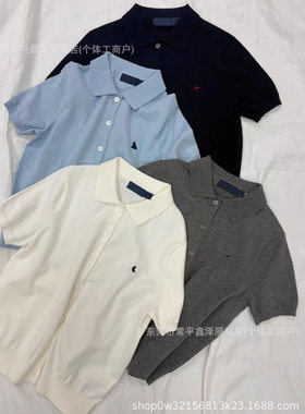 R-J拉夫小马标匹马棉刺绣针织短袖开衫POLO领T恤女气质显瘦针织衫