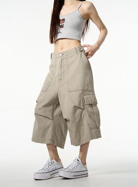 夏季新款潮牌多口袋七分裤子男女美式宽松休闲感阔腿工装裤潮