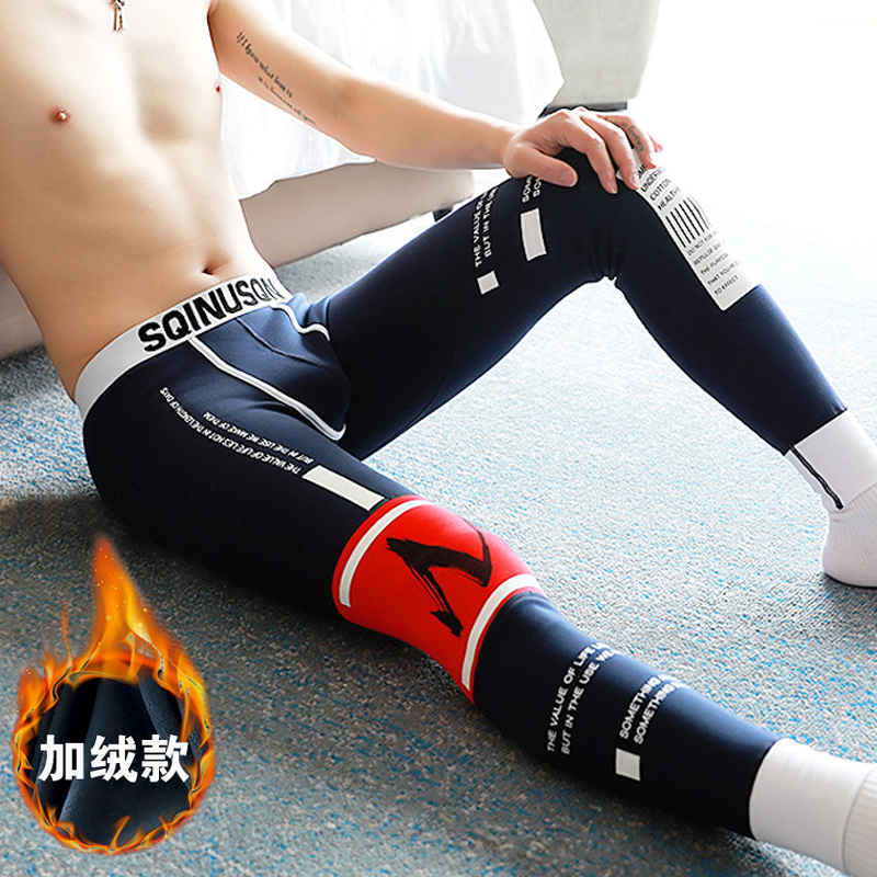 男士秋裤纯棉秋冬紧身加绒加厚保暖裤韩版印花个性线裤打底棉毛裤