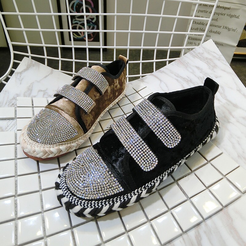 韩版春季新款水钻满钻亚麻魔术贴平底鞋低帮渔夫鞋休闲鞋单鞋女鞋