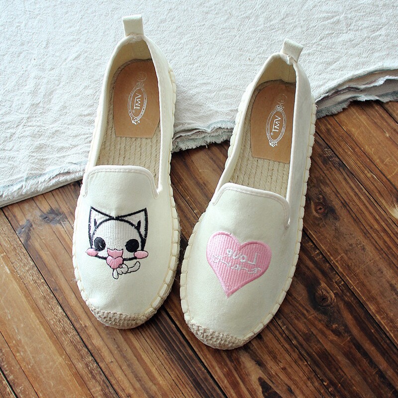 小清新帆布鞋麻底渔夫鞋单鞋浅口女鞋一脚蹬懒人鞋卡通文艺韩女鞋