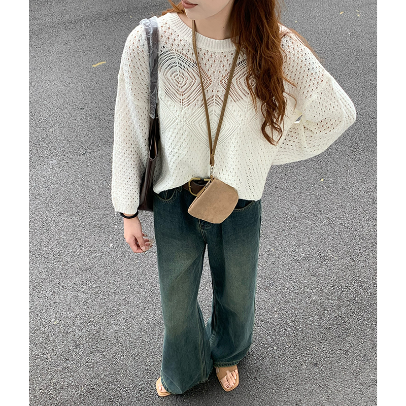 CoMo 白色镂空针织衫女秋宽松慵懒风长袖毛衣温柔风休闲上衣5511