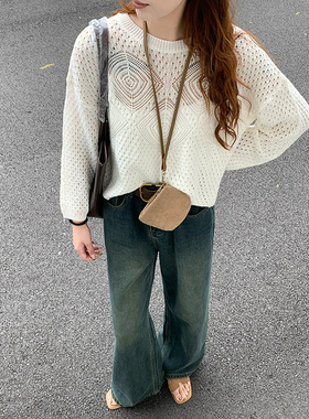 CoMo 白色镂空针织衫女秋宽松慵懒风长袖毛衣温柔风休闲上衣5511