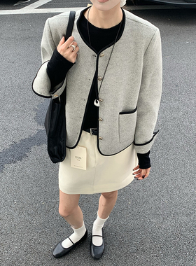 CoMo 小香风短款外套女韩系复古圆领撞色边百搭秋冬夹克1752