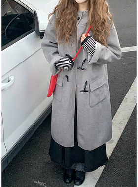 CoMo 冬季灰色牛角扣长款大衣宽松韩系学院风温柔系呢子外套7069