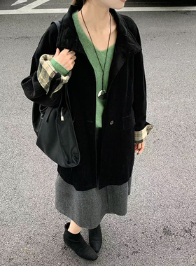 CoMo 毛呢外套女2025新款秋冬季高级感质感黑色加厚呢子大衣5552