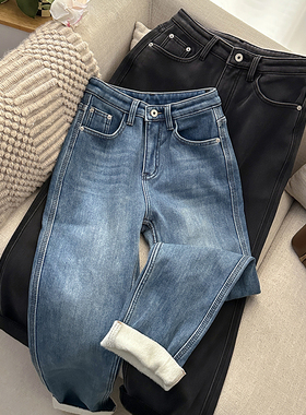 1CoMo 新款微弹高腰森系复古韩版设计感水洗修身牛仔法棍裤9066