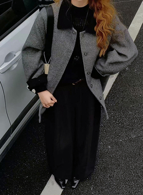 CoMo 羊毛夹棉外套秋冬宽松显瘦毛呢大衣时髦保暖复古风上衣8381