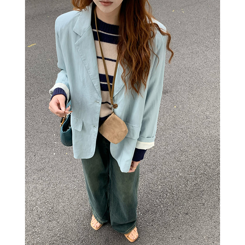 CoMo 亚麻西装外套宽松休闲设计感小众韩系复古百搭长袖西服0700