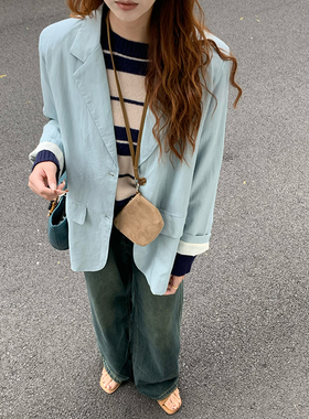 CoMo 亚麻西装外套宽松休闲设计感小众韩系复古百搭长袖西服0700