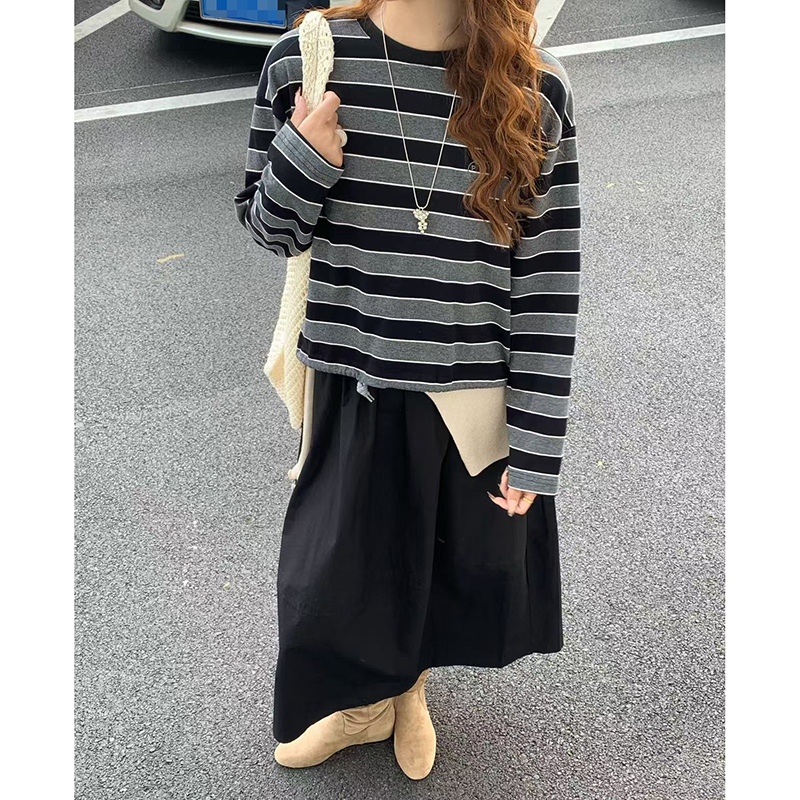 CoMo 黑条纹长袖卫衣女宽松显瘦休闲百搭韩系慵懒风圆领上衣8110