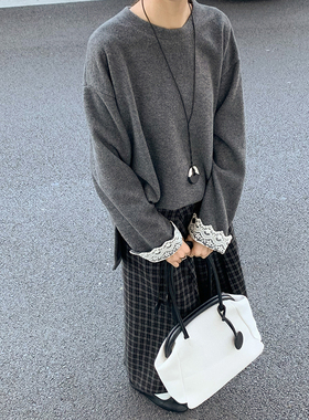 CoMo 灰色蕾丝拼接针织衫女宽松上衣软糯亲肤百搭长袖3089