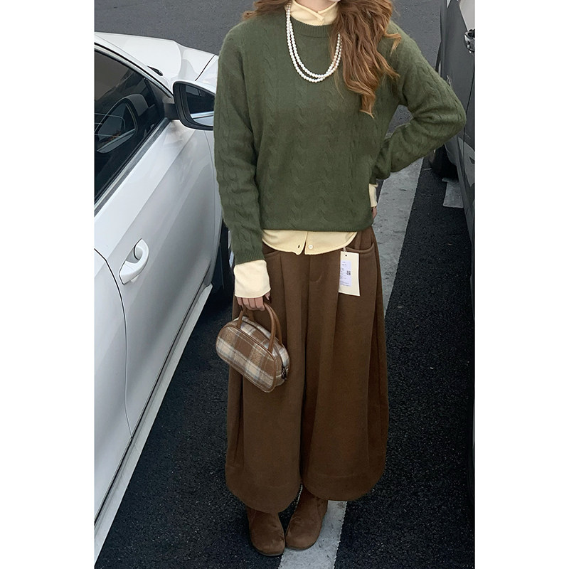 CoMo 冬季全羊毛麻花纹毛衣女复古宽松慵懒风叠穿长袖针织衫2277