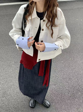 CoMo 米白色明线牛仔外套韩系宽松复古撞色袖口百搭春秋夹克3816