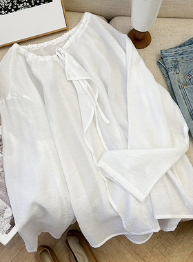 1CoMo 新款春季莱赛尔舒适韩版宽松显瘦圆领系带长袖气质衬衫6488