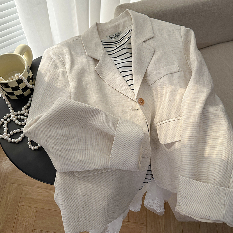 1CoMo 新款春季百搭时尚亚麻混纺舒适韩版显瘦宽松西装外套5550