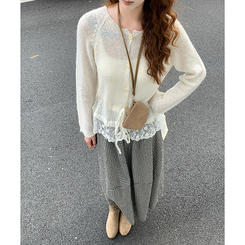 CoMo 马海毛蕾丝开衫女白色镂空针织外套温柔风显瘦毛衣外套5303