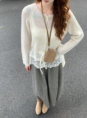 CoMo 马海毛蕾丝开衫女白色镂空针织外套温柔风显瘦毛衣外套5303