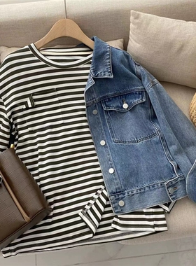 CoMo 条纹游戏 口袋设计条纹长袖宽松韩版T恤 8801