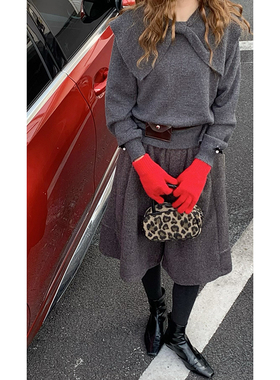 CoMo 秋冬减龄蝴蝶结翻领毛衣女灰色针织衫韩系气质收腰上衣3882