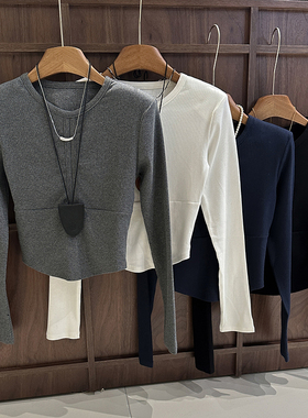 1CoMo 新款百搭时尚日常通勤舒适韩版显瘦短款长袖圆领上衣5508