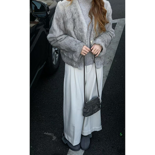 CoMo 韩系V领兔毛皮草双色柔软毛绒短外套温柔风通勤显气质7019