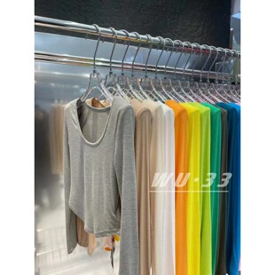 显瘦内搭打底衫 早春新款 修身 t恤女韩版 潮 糖果色垫肩纯欲圆领长袖