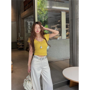 正肩t恤女 tee姜黄色紧身u领短袖 现货 穿过都说显白