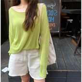 宽松蝙蝠袖 薄款 微透视防晒针织衫 t恤女宽松百搭纯色抹茶绿上衣潮