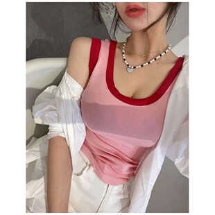 版型好到爆~韩国撞色大U领背心无袖上衣紧身外穿内搭吊带打底衫