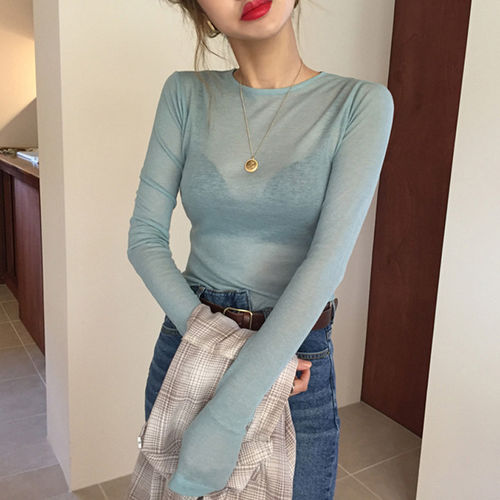 当天发 韩国女装春 久搭不厌的基本款 圆领微透长袖打底衫T恤