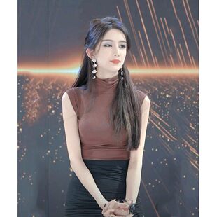 网红主播同款 T恤柔软亲肤女人味 韩系时髦上衣纯欲风性感高领无袖