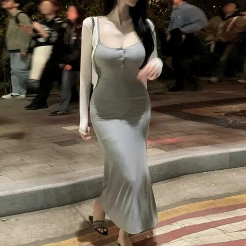 东大门时尚新款气质修身显身材半开领无袖百搭长款吊带包臀连衣裙