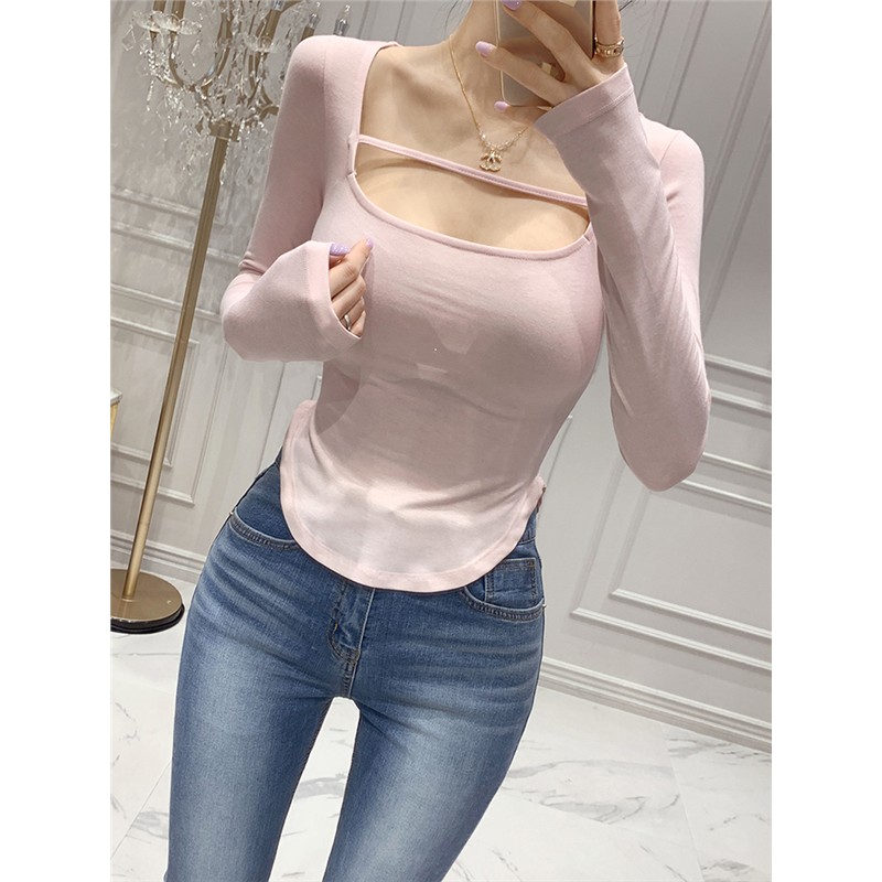 现货！韩国女装 春秋季性感显胸长袖T恤女紧身不规则方领短款上衣
