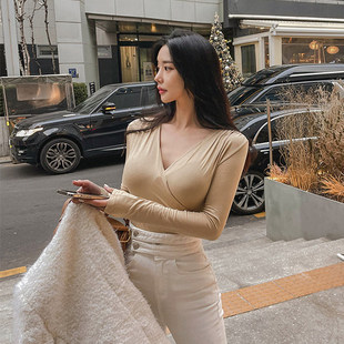 韩国2025春季新款 百搭纯色修身褶皱交叉V领打底衫长袖T恤女