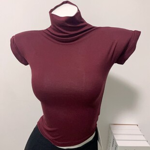 T恤女初秋新打底衫 短袖 立领半高领是弹力修身 酒红色复古又高级